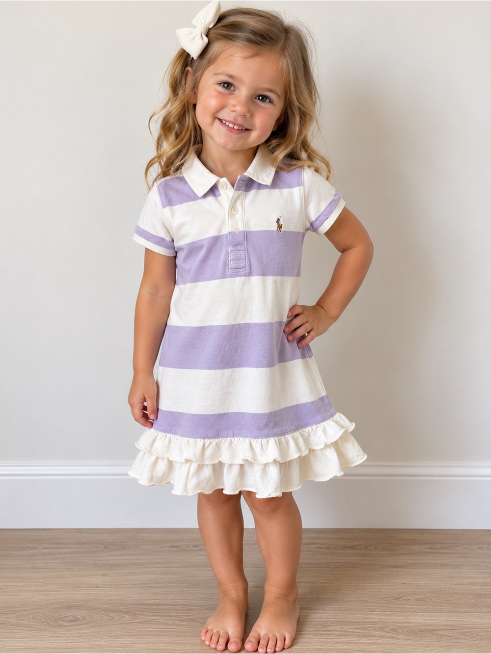 Ralph Lauren Girls Lavender Polo Dress Striped Ruffle Hem Kids Striped Polo 3T?